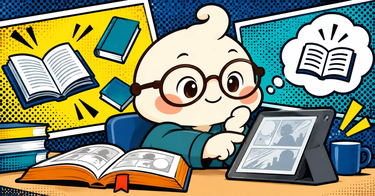 タブレットの漫画と開いた本を見比べるこま吉